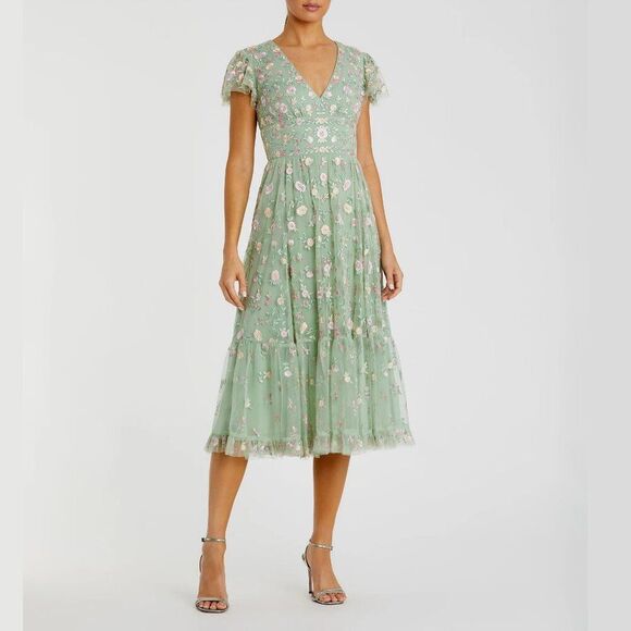 Mac Duggal 35104 Size 16‎ Green Floral Embroidered V-Neck Cap Sleeve Midi Dress - Picture 2 of 5